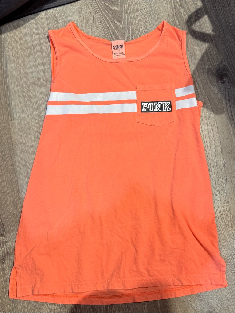 PINK Victoria's Secret Coral Tank Top with White Stripe and Pocket